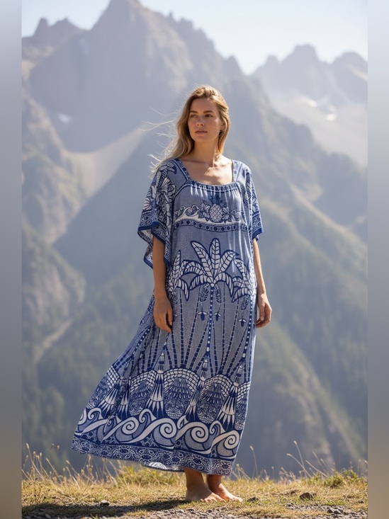 FARM Rio Dresses & Skirts - 🦋 FARM Rio Blue & White Palm Print Caftan Dress 100% Viscose